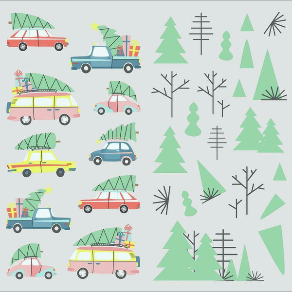 Retro Christmas Cars Peel and Stick Wall Decals | 47 Decals | Removable Repositionable Stickers | Easy Damage-Free Wall Art for Kids Bedroom Nursery Playroom
