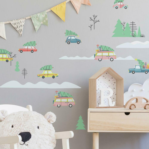 Retro Christmas Cars Peel and Stick Wall Decals | 47 Decals | Removable Repositionable Stickers | Easy Damage-Free Wall Art for Kids Bedroom Nursery Playroom