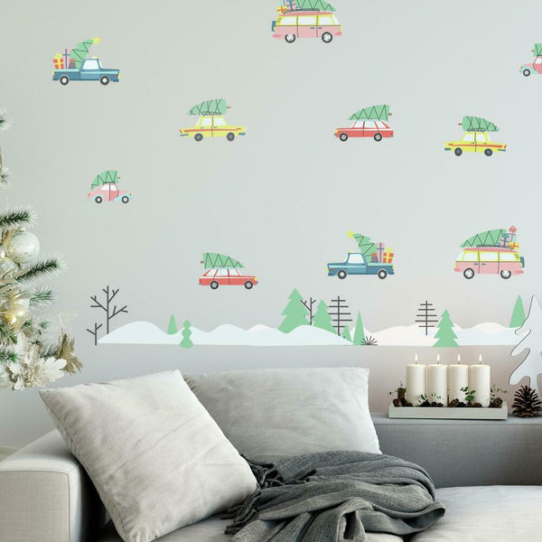 Retro Christmas Cars Peel and Stick Wall Decals | 47 Decals | Removable Repositionable Stickers | Easy Damage-Free Wall Art for Kids Bedroom Nursery Playroom