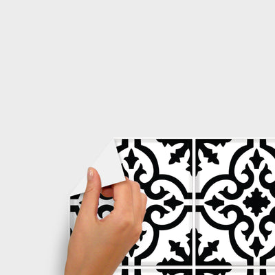 Ornate Black And White Tile Backsplash Peel and Stick Wall Decals | Removable Repositionable Stickers | Easy Damage-Free Wall Art for Kids Bedroom Nursery Playroom