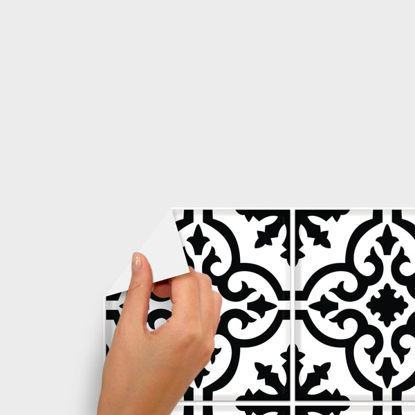 Ornate Black And White Tile Backsplash Peel and Stick Wall Decals | Removable Repositionable Stickers | Easy Damage-Free Wall Art for Kids Bedroom Nursery Playroom