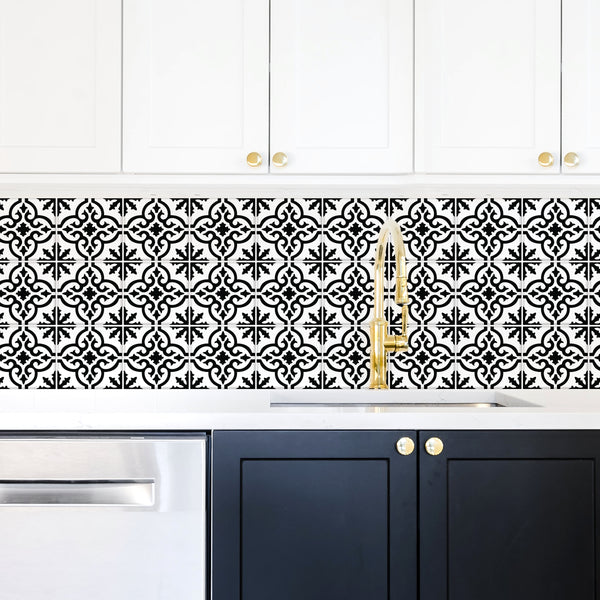 Ornate Black And White Tile Backsplash Peel and Stick Wall Decals | Removable Repositionable Stickers | Easy Damage-Free Wall Art for Kids Bedroom Nursery Playroom