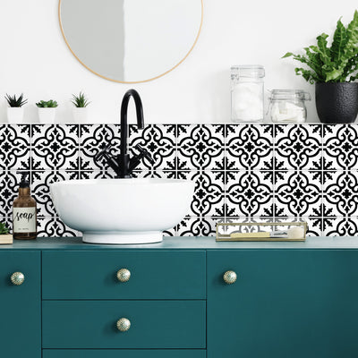 Ornate Black And White Tile Backsplash Peel and Stick Wall Decals | Removable Repositionable Stickers | Easy Damage-Free Wall Art for Kids Bedroom Nursery Playroom