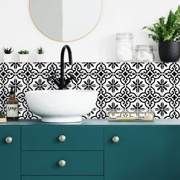 Ornate Black And White Tile Backsplash Peel and Stick Wall Decals | Removable Repositionable Stickers | Easy Damage-Free Wall Art for Kids Bedroom Nursery Playroom
