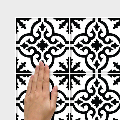 Ornate Black And White Tile Backsplash Peel and Stick Wall Decals | Removable Repositionable Stickers | Easy Damage-Free Wall Art for Kids Bedroom Nursery Playroom