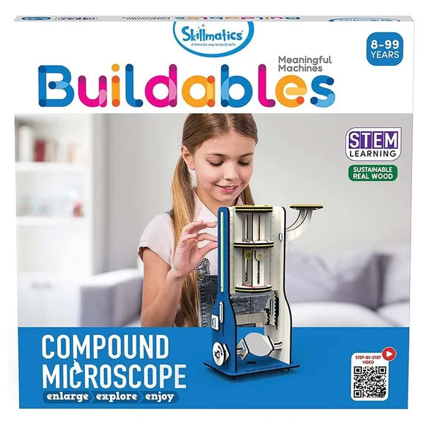 Buildables Compound Microscope STEM Building Kit | Real Wooden Working Model with Powerful Lenses | Educational Science Construction Toy for Kids | Ages 8 and Up