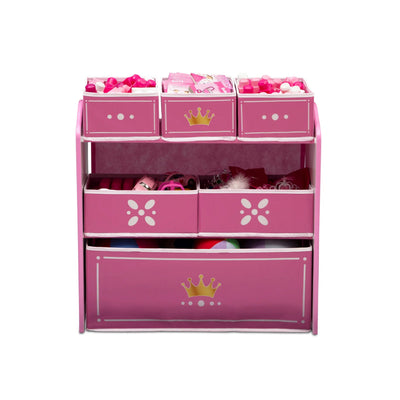 Kids Multi-Bin Toy Storage Organizer with Princess Crown Graphics | 3 Tiers 6 Bins in 3 Sizes | Engineered Wood Fabric Build | Girls Playroom Bedroom Furniture | 3 Years+