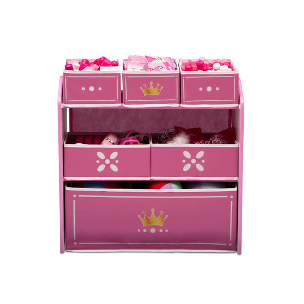 Kids Multi-Bin Toy Storage Organizer with Princess Crown Graphics | 3 Tiers 6 Bins in 3 Sizes | Engineered Wood Fabric Build | Girls Playroom Bedroom Furniture | 3 Years+
