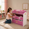 Kids Multi-Bin Toy Storage Organizer with Princess Crown Graphics | 3 Tiers 6 Bins in 3 Sizes | Engineered Wood Fabric Build | Girls Playroom Bedroom Furniture | 3 Years+