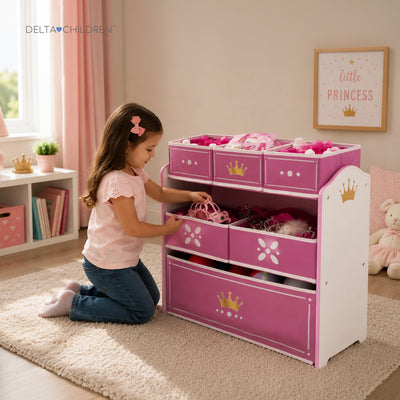 Kids Multi-Bin Toy Storage Organizer with Princess Crown Graphics | 3 Tiers 6 Bins in 3 Sizes | Engineered Wood Fabric Build | Girls Playroom Bedroom Furniture | 3 Years+