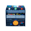 Kids Multi-Bin Toy Storage Organizer with Space Adventures Rocket Astronaut Graphics | Engineered Wood Frame with Fabric Bins | Boys Playroom Bedroom Furniture | 3 Years+