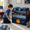 Kids Multi-Bin Toy Storage Organizer with Space Adventures Rocket Astronaut Graphics | Engineered Wood Frame with Fabric Bins | Boys Playroom Bedroom Furniture | 3 Years+