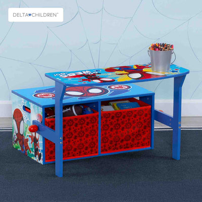 Kids Activity Bench with Storage 67.3 × 57.8 × 36.2 CM | 2 In 1 Spidey Desk & Bench | Toy Storage Bins | Wooden Play Study Furniture | For Children 3 Years+