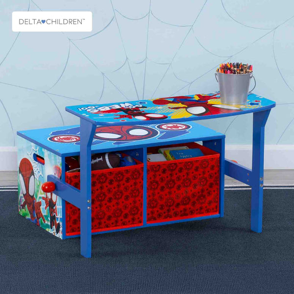 Kids Activity Bench with Storage 67.3 × 57.8 × 36.2 CM | 2 In 1 Spidey Desk & Bench | Toy Storage Bins | Wooden Play Study Furniture | For Children 3 Years+