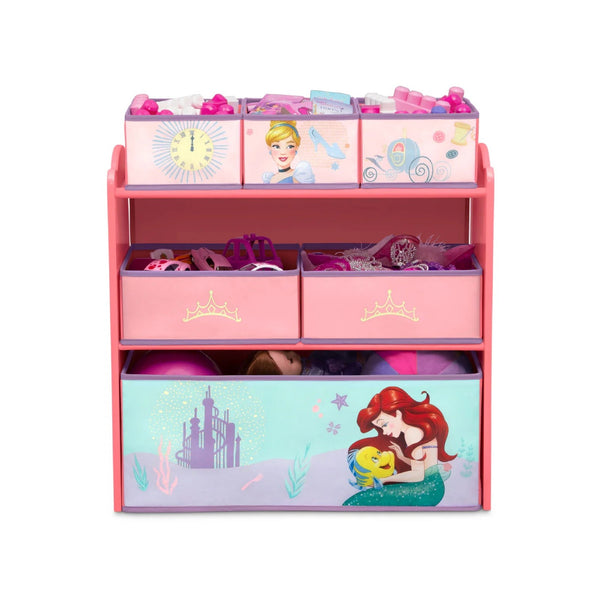Kids Toy Organizer with 6 Storage Bins 62.5 × 30 × 67.5 CM | Princess Wooden Storage Unit | Fabric Baskets & Reusable Stickers | Bedroom Playroom Storage | For Children 3 Years+