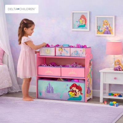 Kids Toy Organizer with 6 Storage Bins 62.5 × 30 × 67.5 CM | Princess Wooden Storage Unit | Fabric Baskets & Reusable Stickers | Bedroom Playroom Storage | For Children 3 Years+