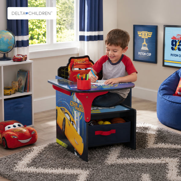 Kids Chair Desk with Storage Bin Disney Cars Lightning McQueen Graphics | Engineered Wood Fabric Build | Scratch-Resistant Study Table for Boys Playroom Bedroom | 3 Years+