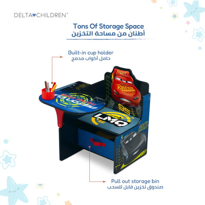 Kids Chair Desk with Storage Bin Disney Cars Lightning McQueen Graphics | Engineered Wood Fabric Build | Scratch-Resistant Study Table for Boys Playroom Bedroom | 3 Years+