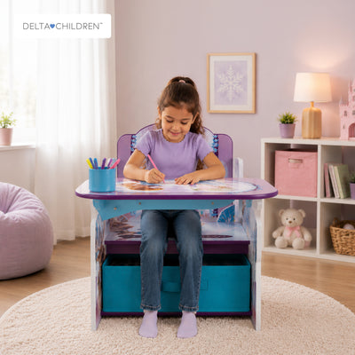 Kids Chair Desk with Storage Bin Frozen 2 Elsa Anna Graphics | Engineered Wood Fabric Build | Scratch-Resistant Wipe-Clean Study Furniture for Playroom Bedroom | 3 Years+
