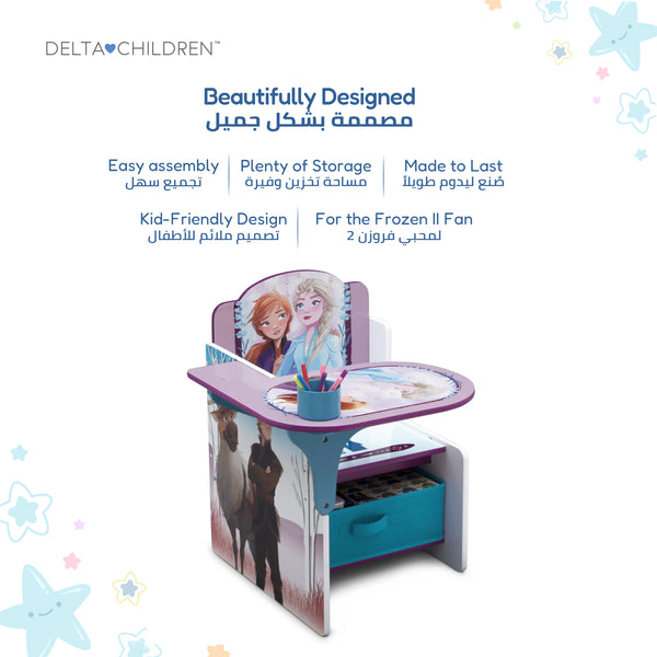 Kids Chair Desk with Storage Bin Frozen 2 Elsa Anna Graphics | Engineered Wood Fabric Build | Scratch-Resistant Wipe-Clean Study Furniture for Playroom Bedroom | 3 Years+