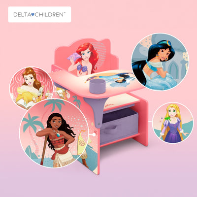 Kids Chair Desk with Storage Bin 52 × 58 × 59 CM | Princess Wooden Study Desk with Cup Holder | Pull Out Toy Organizer | Activity Craft Homework Furniture | For Children 3 Years+