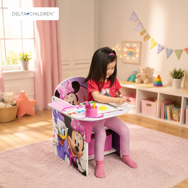 Kids Chair Desk with Storage Bin Minnie Mouse Pink Graphics | Engineered Wood Fabric Build | Scratch-Resistant Wipe-Clean Study Table for Girls Playroom Bedroom | 3 Years+