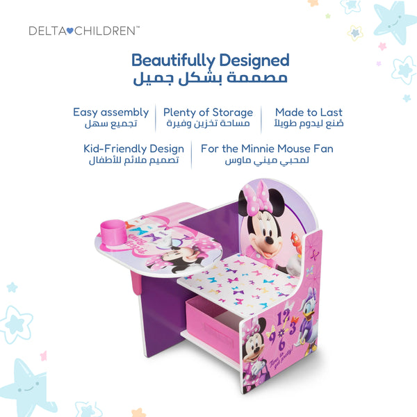 Kids Chair Desk with Storage Bin Minnie Mouse Pink Graphics | Engineered Wood Fabric Build | Scratch-Resistant Wipe-Clean Study Table for Girls Playroom Bedroom | 3 Years+