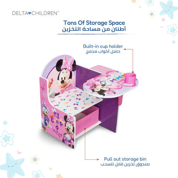 Kids Chair Desk with Storage Bin Minnie Mouse Pink Graphics | Engineered Wood Fabric Build | Scratch-Resistant Wipe-Clean Study Table for Girls Playroom Bedroom | 3 Years+