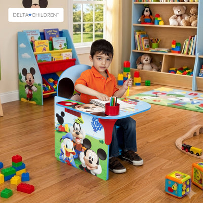 Kids Chair Desk with Storage Bin Mickey Mouse Graphics | Engineered Wood Fabric Build | Scratch-Resistant Wipe-Clean Study Table for Boys Playroom Bedroom Nursery | 3 Years+