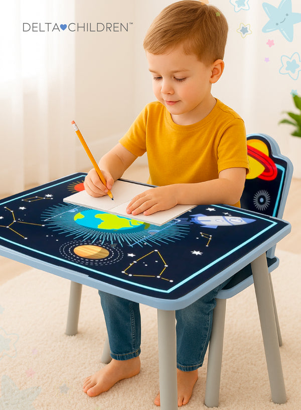 Kids Table Chair Set | Space Theme with Storage Basket | 2 Chairs Included | Sturdy Wood Construction | Creative Play & Study Area | 60x60x43.2 CM | Ages 3+