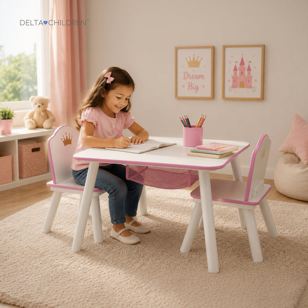 Kids Table and Chair Set with Princess Crown Graphics in White Pink | Engineered Wood Solid Wood Build | Furniture for Girls Playroom Bedroom Nursery | Easy Assembly | 3 Years+