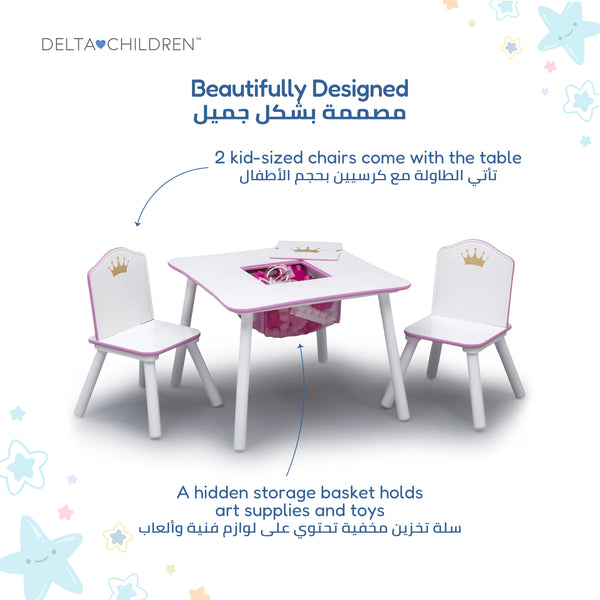 Kids Table and Chair Set with Princess Crown Graphics in White Pink | Engineered Wood Solid Wood Build | Furniture for Girls Playroom Bedroom Nursery | Easy Assembly | 3 Years+