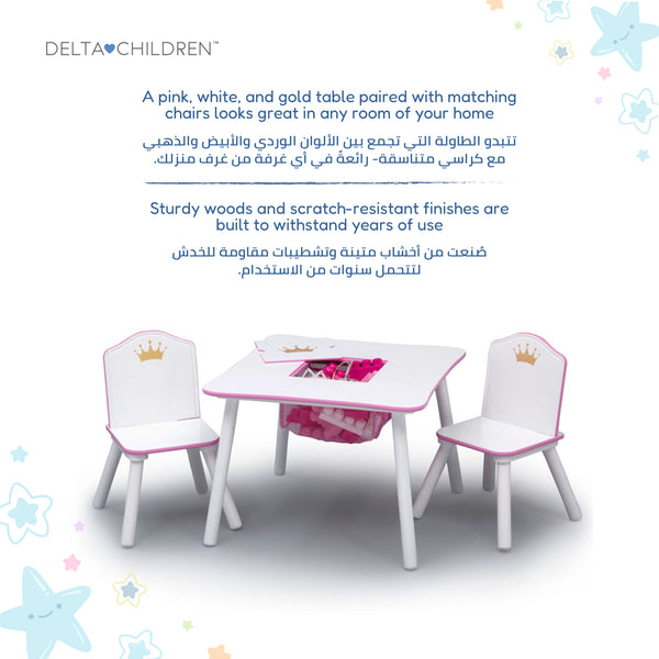 Kids Table and Chair Set with Princess Crown Graphics in White Pink | Engineered Wood Solid Wood Build | Furniture for Girls Playroom Bedroom Nursery | Easy Assembly | 3 Years+