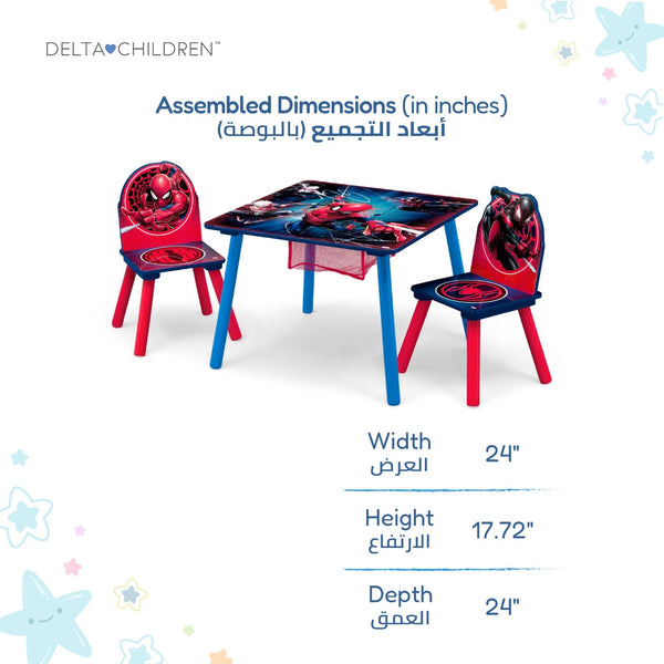 Kids Table and 2 Chair Set with Storage 61 × 61 × 45 CM | Spider Man Wooden Activity Table | Built In Toy Organizer | Play Study Craft Furniture | For Children 3 Year