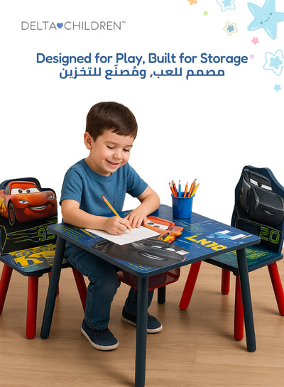 Cars Table & Chair Set with Storage | Kid-Friendly Desk for Homework & Creative Play | Includes 2 Chairs & Hidden Storage Basket | 25.79x25.98x3.54 CM | For Ages 3+