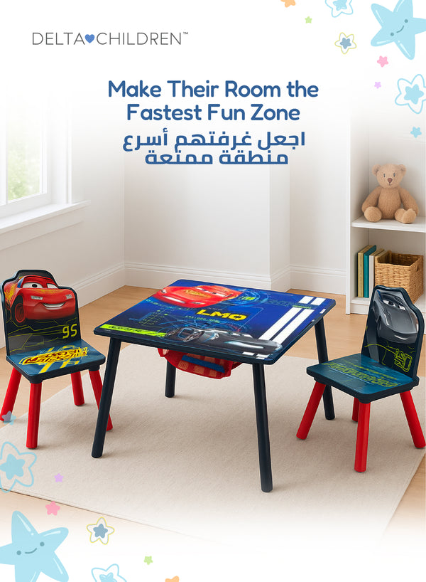 Cars Table & Chair Set with Storage | Kid-Friendly Desk for Homework & Creative Play | Includes 2 Chairs & Hidden Storage Basket | 25.79x25.98x3.54 CM | For Ages 3+