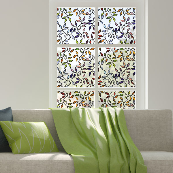Stained Glass Leaves Decorative Window Film | Static Cling Privacy Glass Covering | Removable Reusable Easy Apply Stained Glass Look for Home Decor