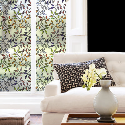 Stained Glass Leaves Decorative Window Film | Static Cling Privacy Glass Covering | Removable Reusable Easy Apply Stained Glass Look for Home Decor