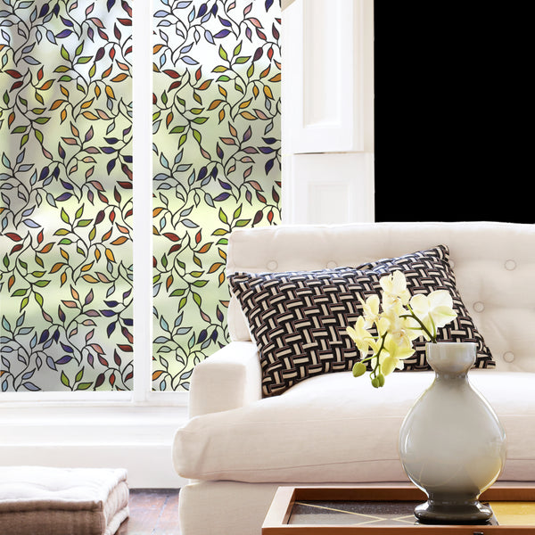 Stained Glass Leaves Decorative Window Film | Static Cling Privacy Glass Covering | Removable Reusable Easy Apply Stained Glass Look for Home Decor