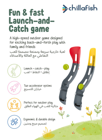 Slingi Yellow, Red & Anthracite Launch & Catch Ball Game | Dual Accelerators | 2 Balls Included | All ages