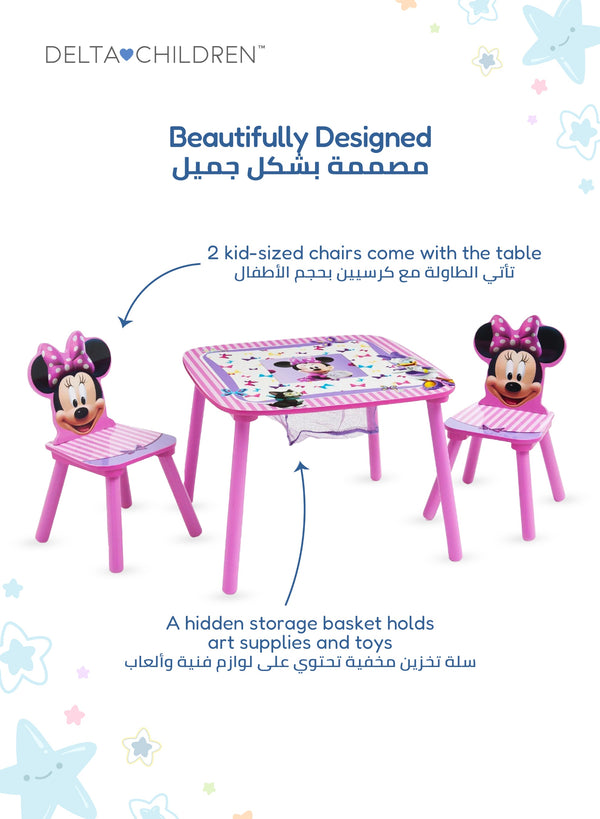 Minnie Mouse Kids Table & Chair Set with Storage Basket | Activity Study Craft Table for Girls | Pink Design | Durable Wood Build | 65.9x65.5x8.9 CM | Ages 3+