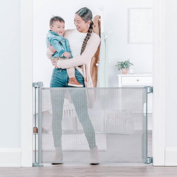 Regalo Fabric Retractable Baby Gate – Stylish, Space-Saving, Extra-Wide Mesh Gate for Doors & Stairs, Secure & Adjustable Safety Barrier for Infants & Pets