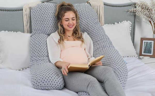 PharMeDoc Pregnancy Pillow, U-Shape (Jersey Grey Stars Pattern, Detachable) Full Body Pillow and Maternity Support for Back, Hips, Legs, Belly for Pregnant Women, Jersey Grey Stars