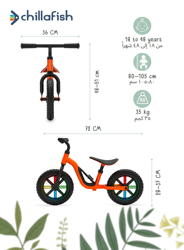 Charlie Glow Orange Kids Balance Bike with Light-Up Wheels | No Batteries Needed | Adjustable | 18-48 months