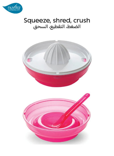 Multifunctional Feeding Set | 4-in-1 Meal Set | Plate with Suction Cup | Fruit Grater | Lemon Squeezer | Bowl & Spoon | Dishwasher & Microwave Safe | Compact & Portable | Pink