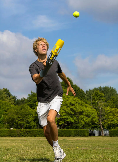 Slingi Yellow, Red & Anthracite Launch & Catch Ball Game | Dual Accelerators | 2 Balls Included | All ages