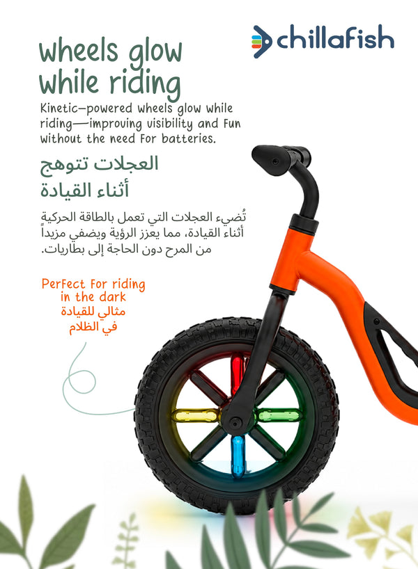 Charlie Glow Orange Kids Balance Bike with Light-Up Wheels | No Batteries Needed | Adjustable | 18-48 months
