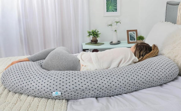 PharMeDoc Pregnancy Pillow, U-Shape (Jersey Grey Stars Pattern, Detachable) Full Body Pillow and Maternity Support for Back, Hips, Legs, Belly for Pregnant Women, Jersey Grey Stars