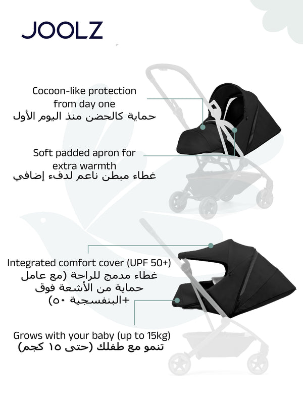 Aer² Newborn Nest to Seat | Compatible with Joolz Aer² Stroller | Airplane Friendly | Soft, Snug Protection | Adjustable Leg Rest | UPF 50+ Sun Protection | 0–15kg - Black