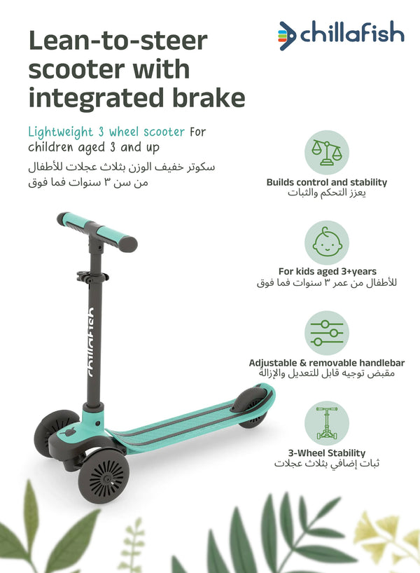 Scotti Mint 3-Wheel Lean-to-Steer Kids Scooter | Integrated Footbrake | Detachable Bar | 3+ years